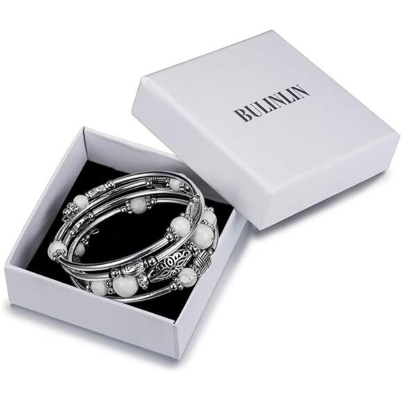 Layered Silver Wrap Bracelet - Beaded Bangle with Natural Agate Stone, Gifts - Picture 6 of 7